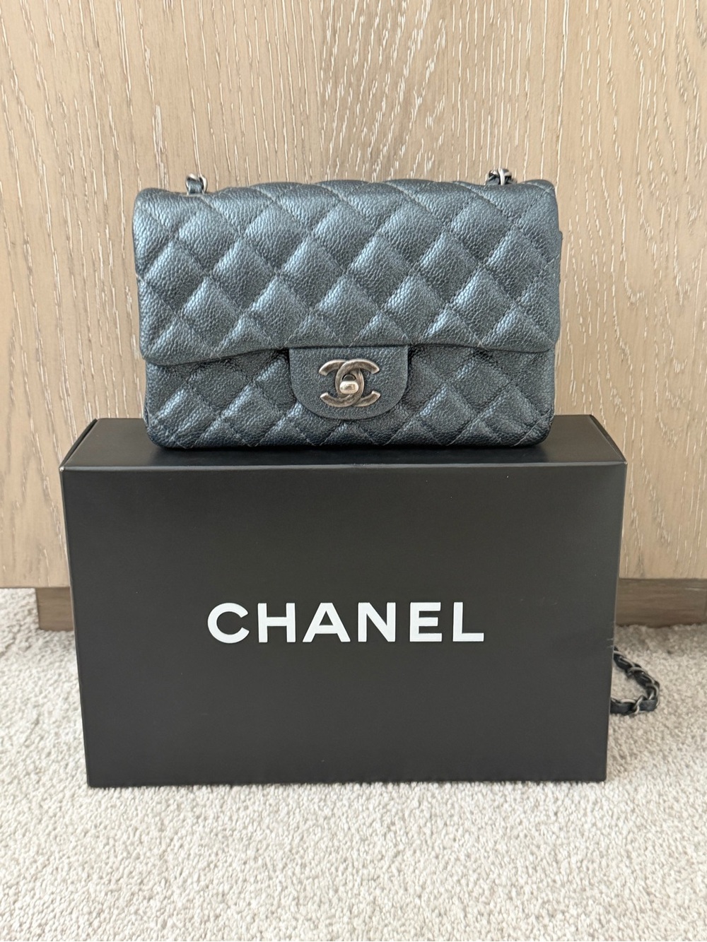 CHANEL Quilted Mini Flap Shoulder Bag in Metallic Silver-Gray